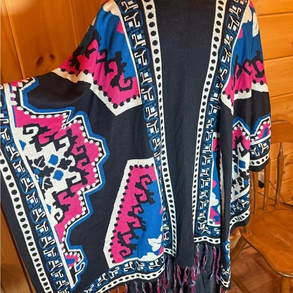 Flying Tomato Open Front Fringe Trimmed Black, Pink & Purple One Size Kimono - Picture 9 of 10